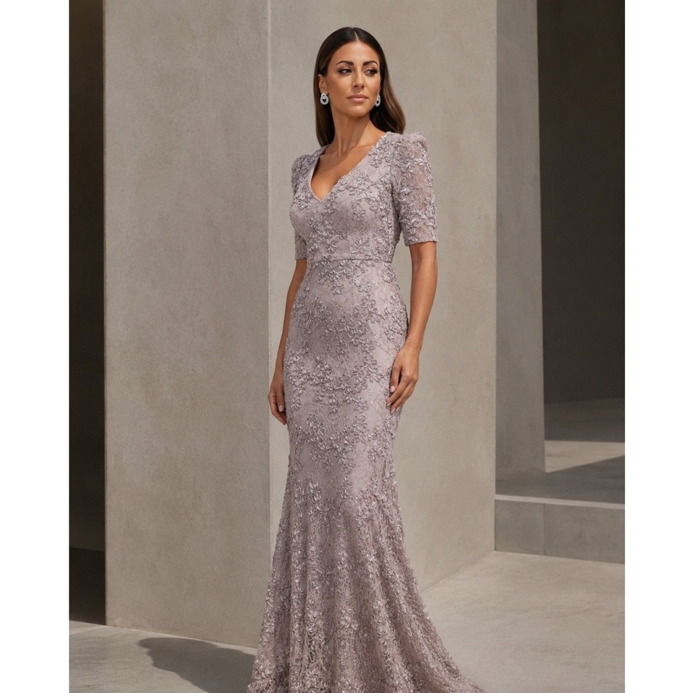 XSCAPE SOUTACHE SHORT PUFF SLEEVE SEQUIN GOWN MAXI DRESS WOMEN 4 DUSTY LILAC